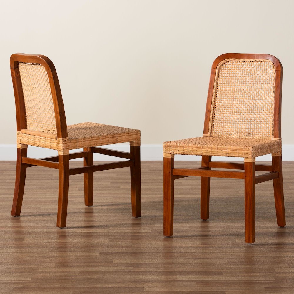 Walnut Brown Mahogany Wood and Natural Rattan 2-Piece Dining Chair Set. Picture 4