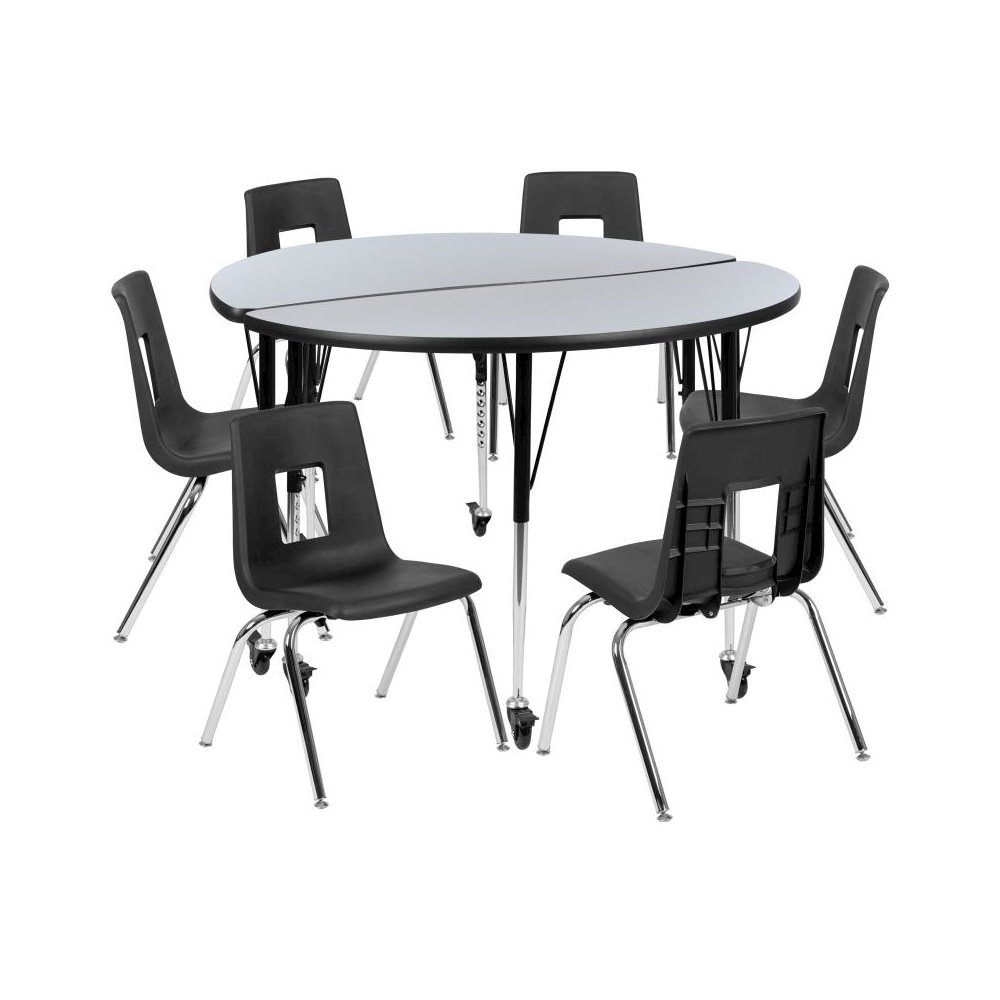 Mobile 47.5" Circle Wave Flexible Laminate Activity Table Set with 18" Student Stack Chairs, Grey/Black. Picture 1