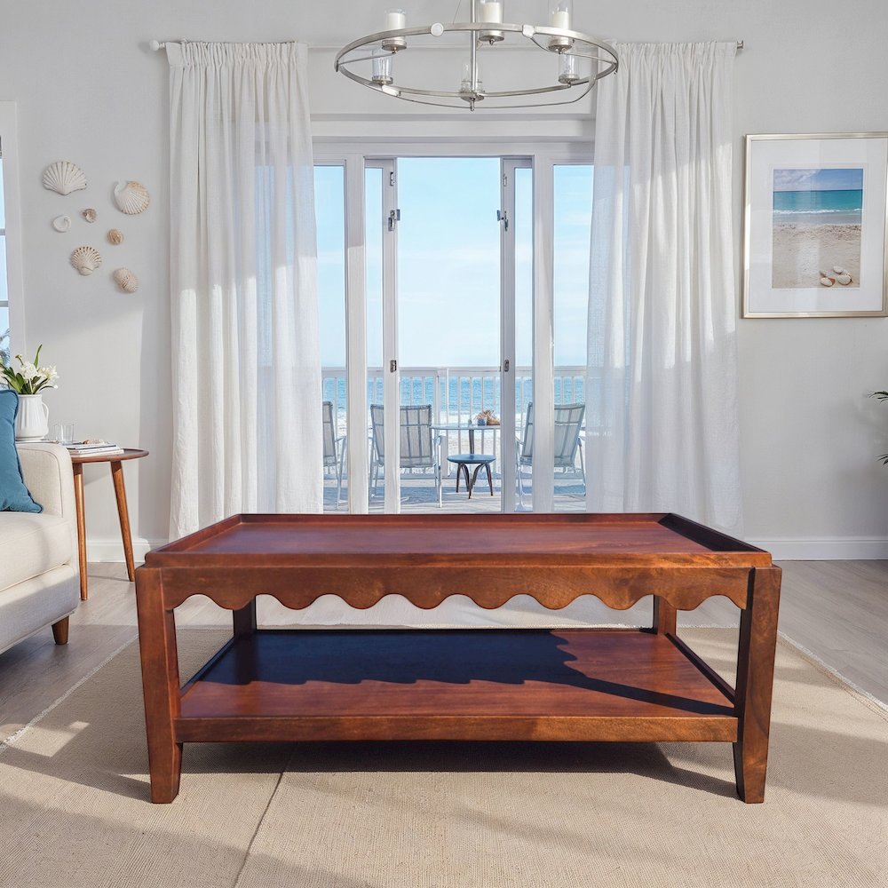 Scallop Coffee Table - Rectangular Mango Wood Side Table - Lower Shelf. Picture 7