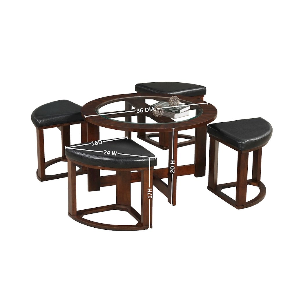 Cylina Solid Wood Glass Top Round Coffee Table with 4 Stools. Picture 7