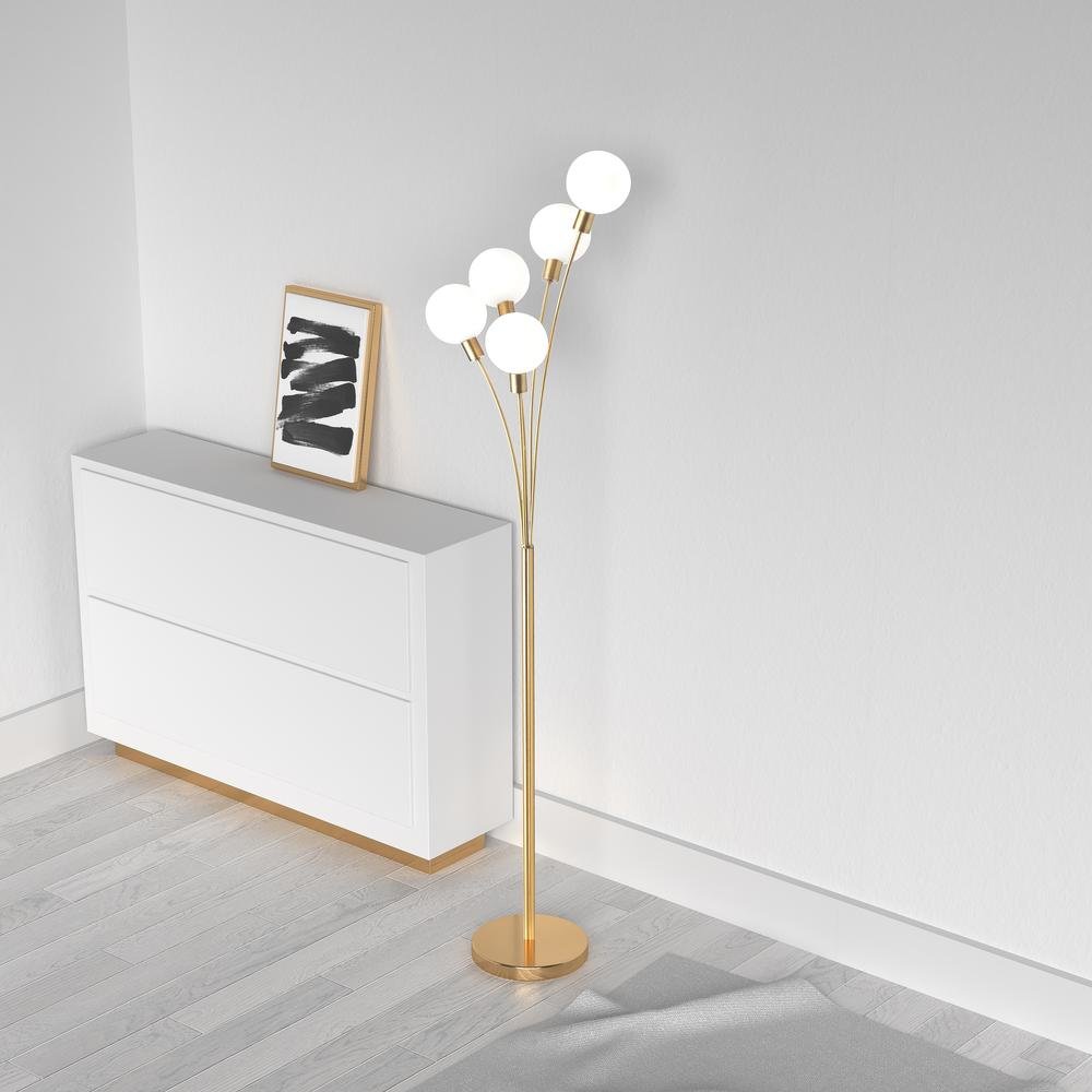 5LT Incandescent Floor Lamp, Aged Brass,WH Glass. Picture 2
