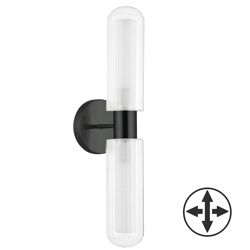 2 Light Matte Black Wall Sconce w/ Clear Fluted Glass. Picture 1