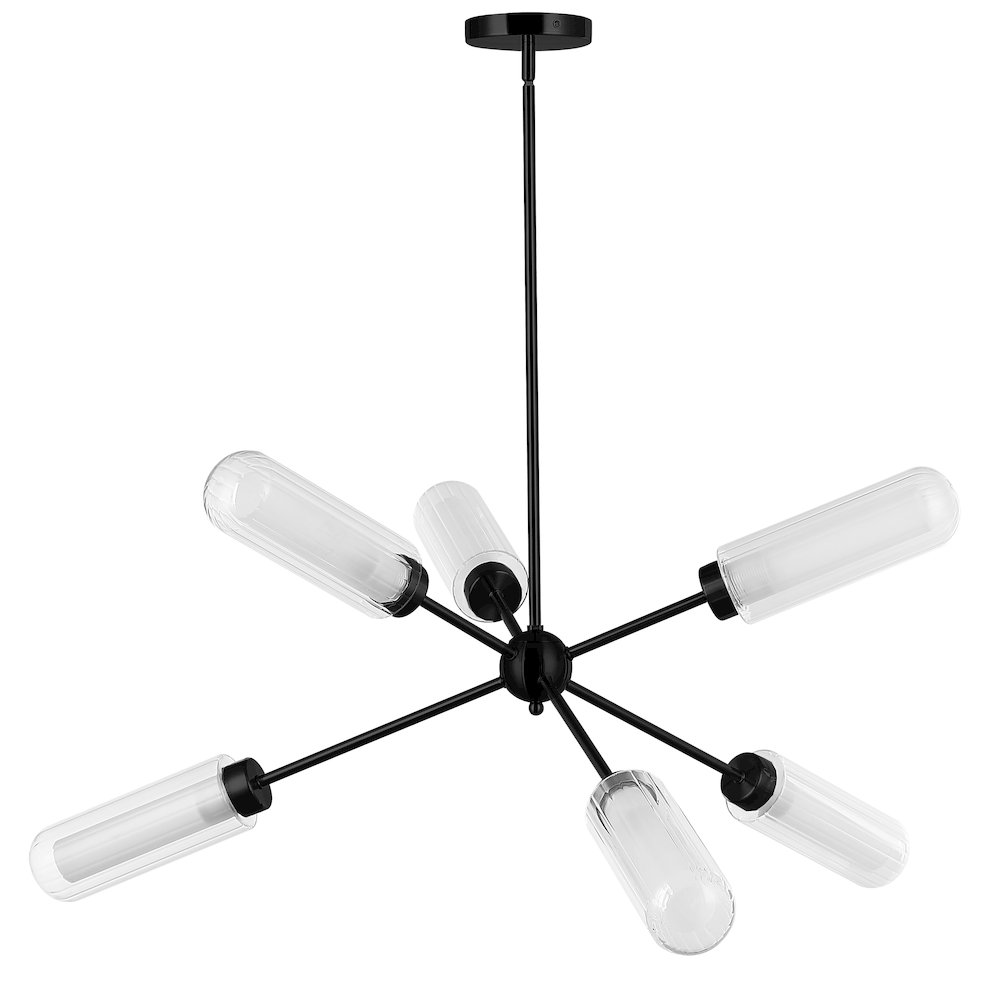 6 Light Matte Black Chandelier w/ Clear Fluted & Frosted Glass. Picture 1
