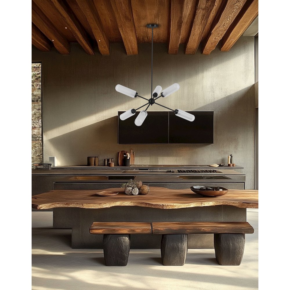 6 Light Matte Black Chandelier w/ Clear Fluted & Frosted Glass. Picture 3