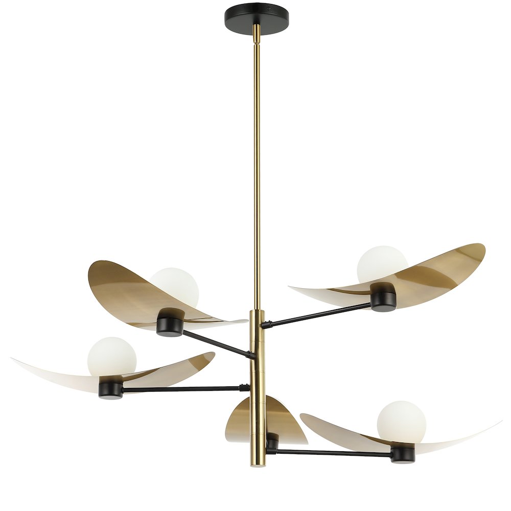 5 Light Aged Brass & Matte Black Chandelier w/ Opal Glass. Picture 1