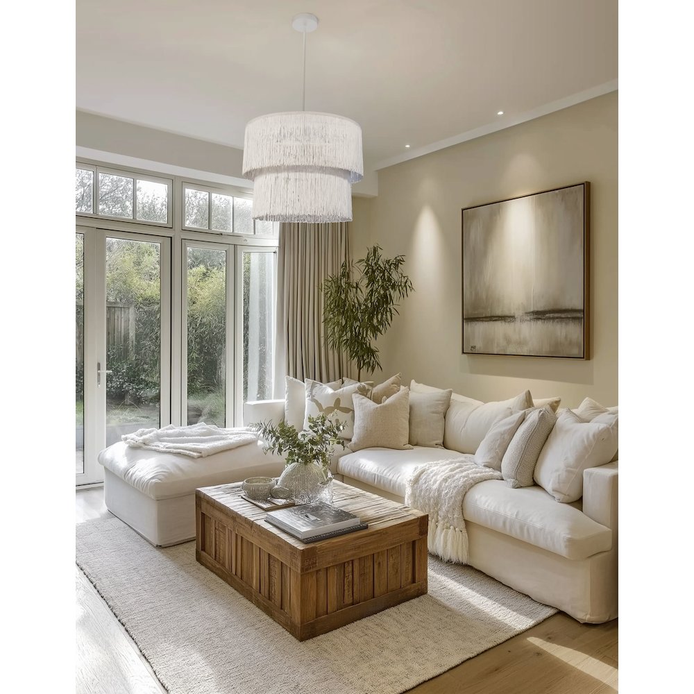 4 Light Matte White Chandelier w/ White Fringe. Picture 2