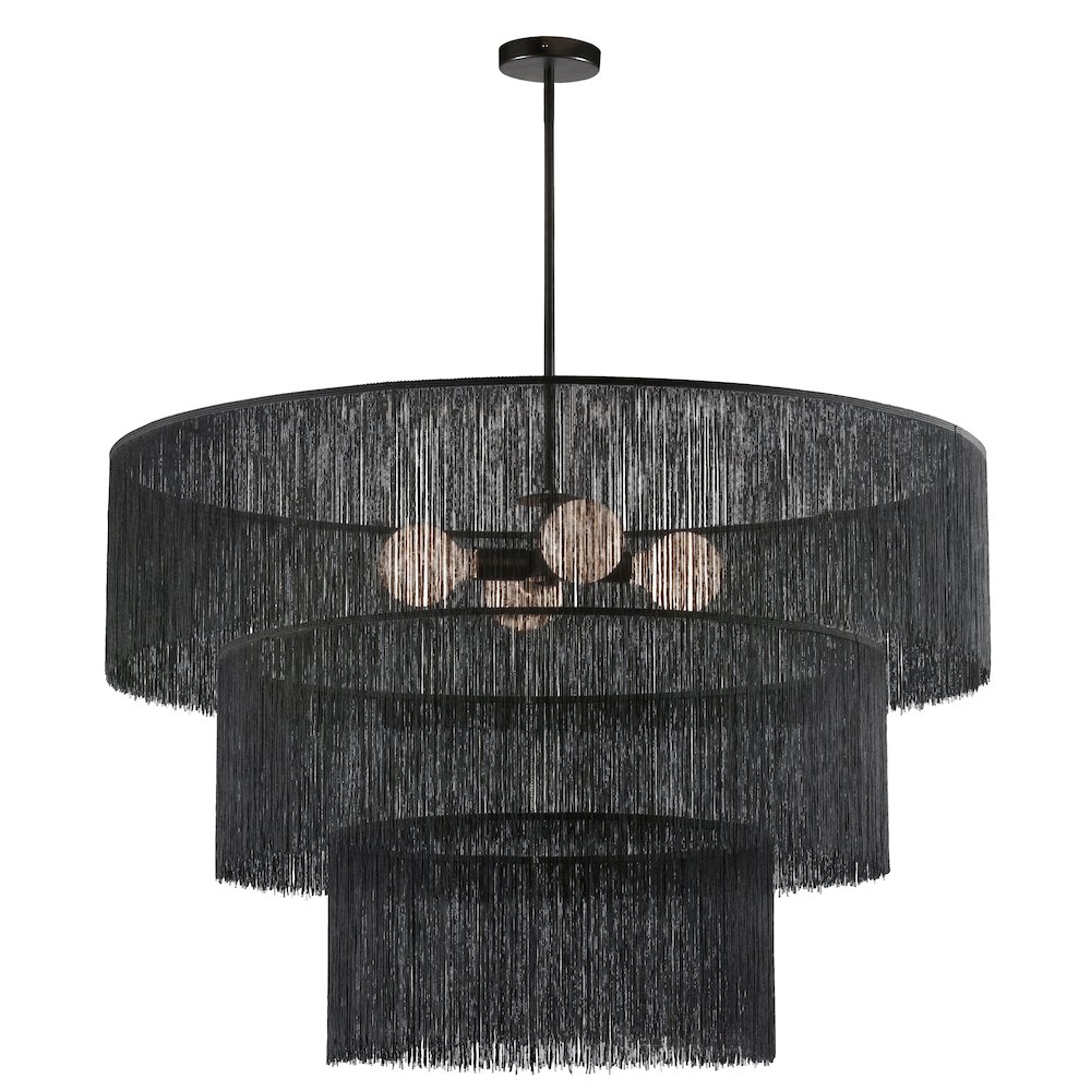 4 Light Chandelier in Matte Black w/ Black Tassel Shades. Picture 1