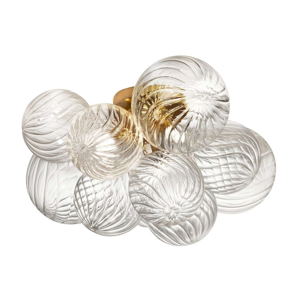 3 Light Flush Mount, Aged Brass w/ Clear Spiral Glass. Picture 1
