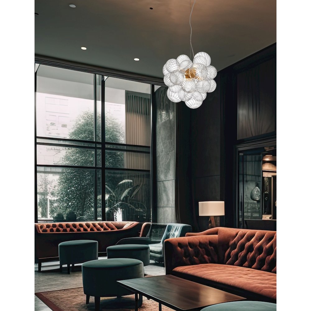 6 Light Halogen Pendant Aged Brass with Clear Spiral Glass. Picture 3