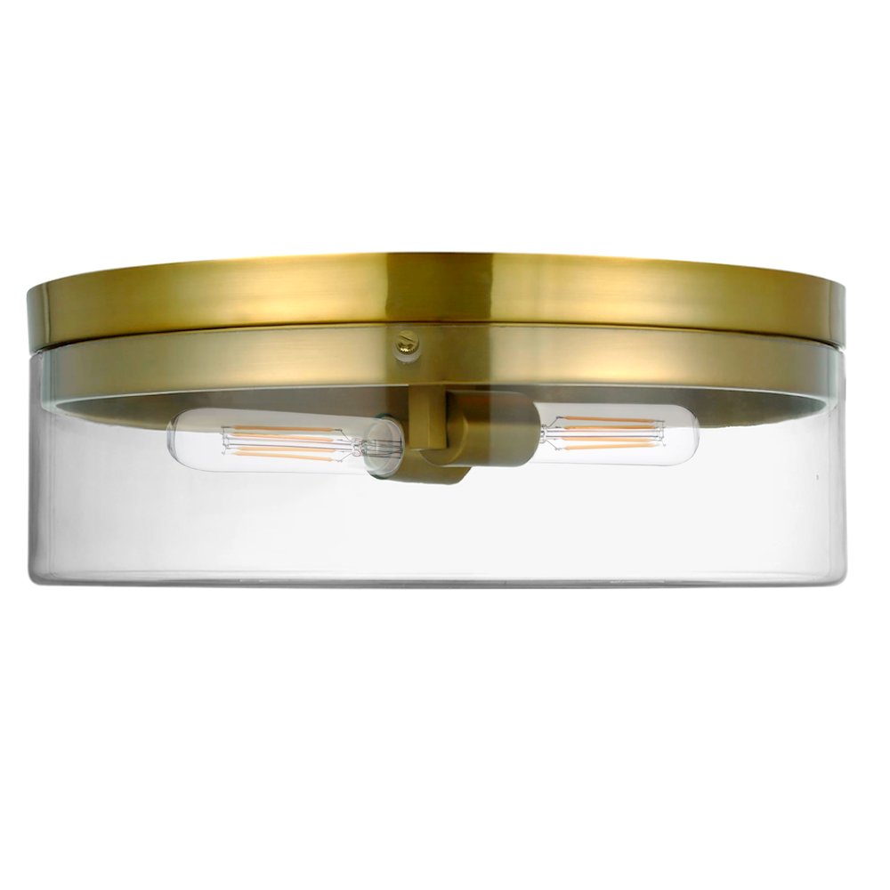 2 Light Incandescent Flush Mount Aged Brass with Clear Glass. Picture 1