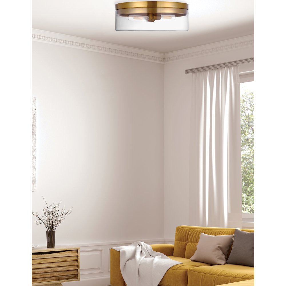 2 Light Incandescent Flush Mount Aged Brass with Clear Glass. Picture 3