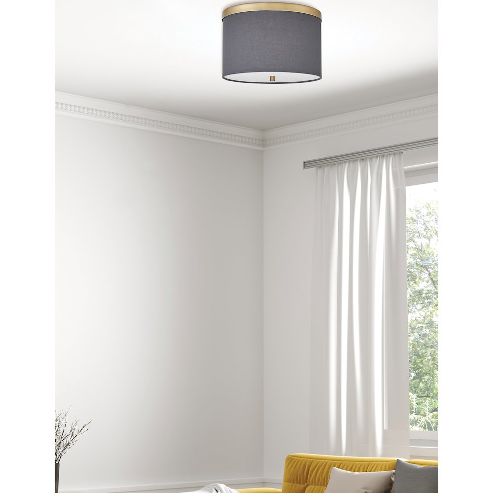 2 Light Flush Mount Aged Brass with Grey Shade. Picture 3