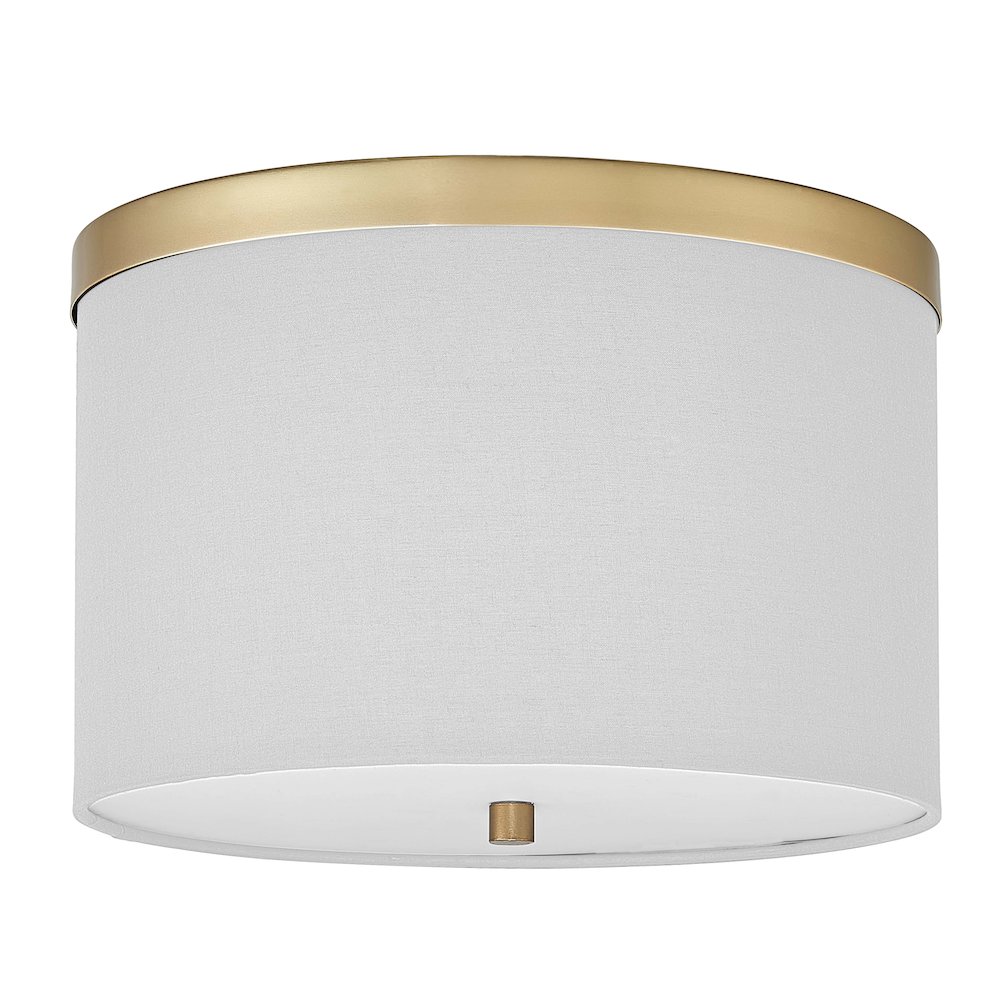 2 Light Flush Mount Aged Brass with White Shade. Picture 1