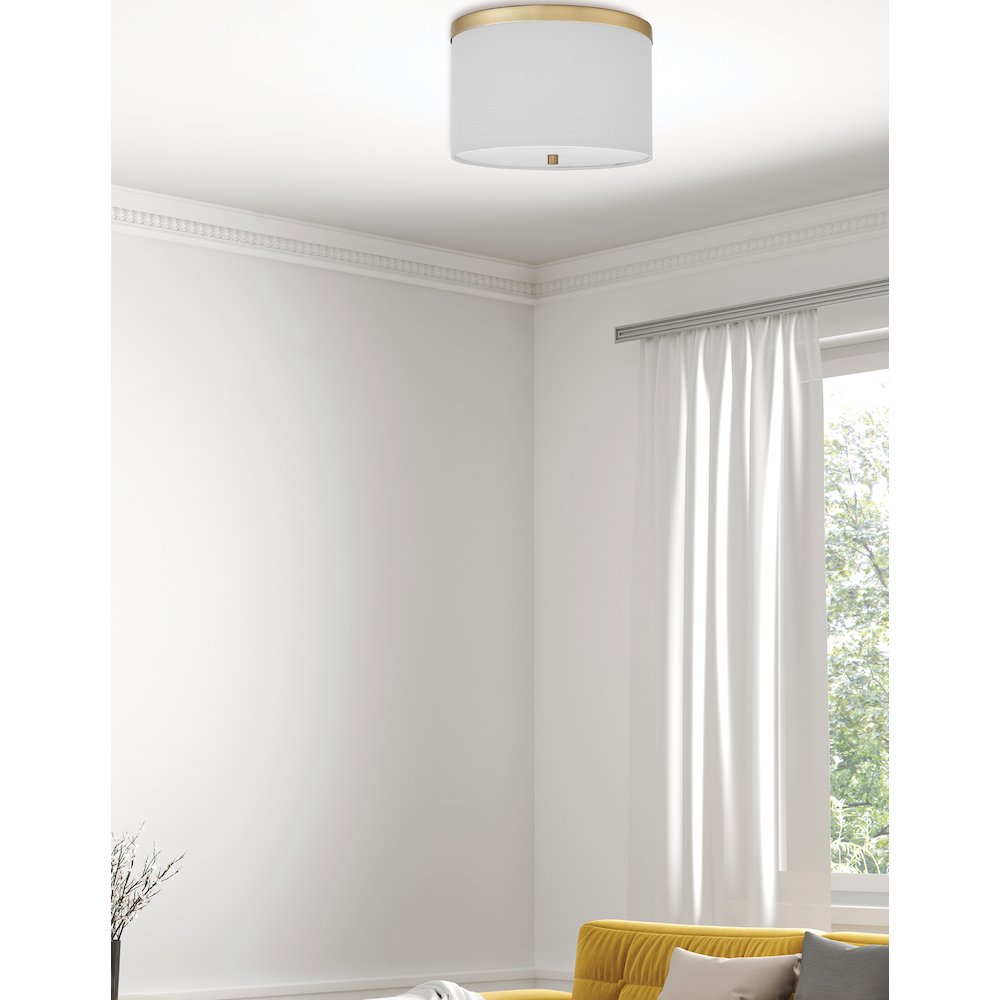 2 Light Flush Mount Aged Brass with White Shade. Picture 3