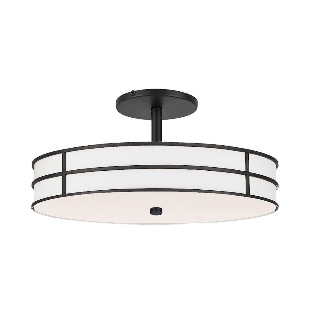 2 Light Semi-Flush in Matte Black w/ White Fabric Shade. Picture 1