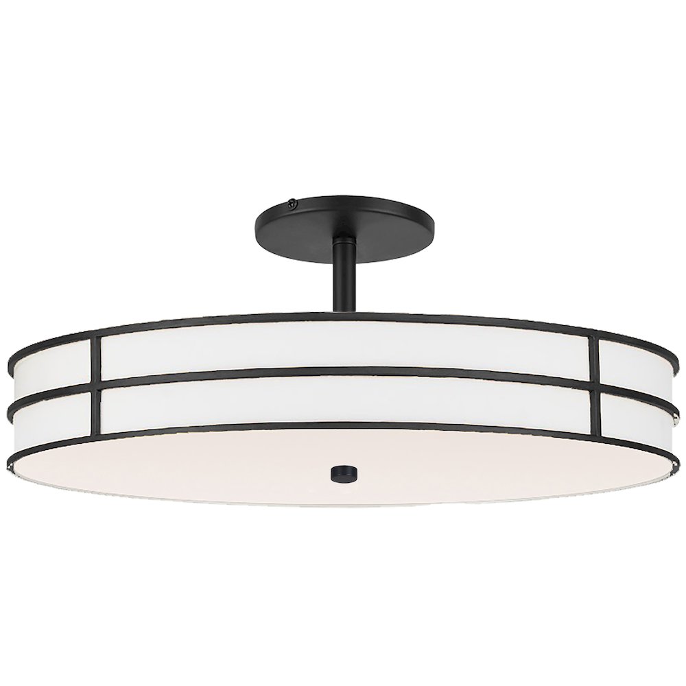 3 Light Semi-Flush in Matte Black w/ White Fabric Shade. Picture 1