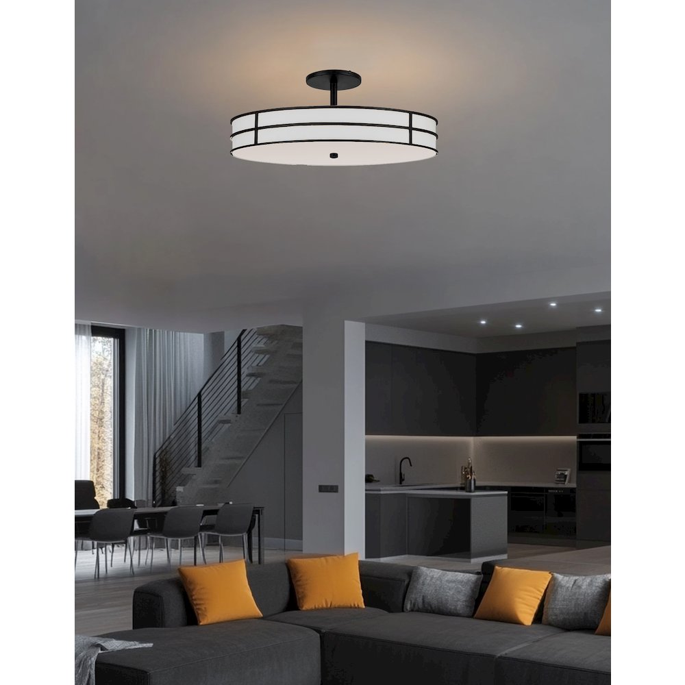 3 Light Semi-Flush in Matte Black w/ White Fabric Shade. Picture 3