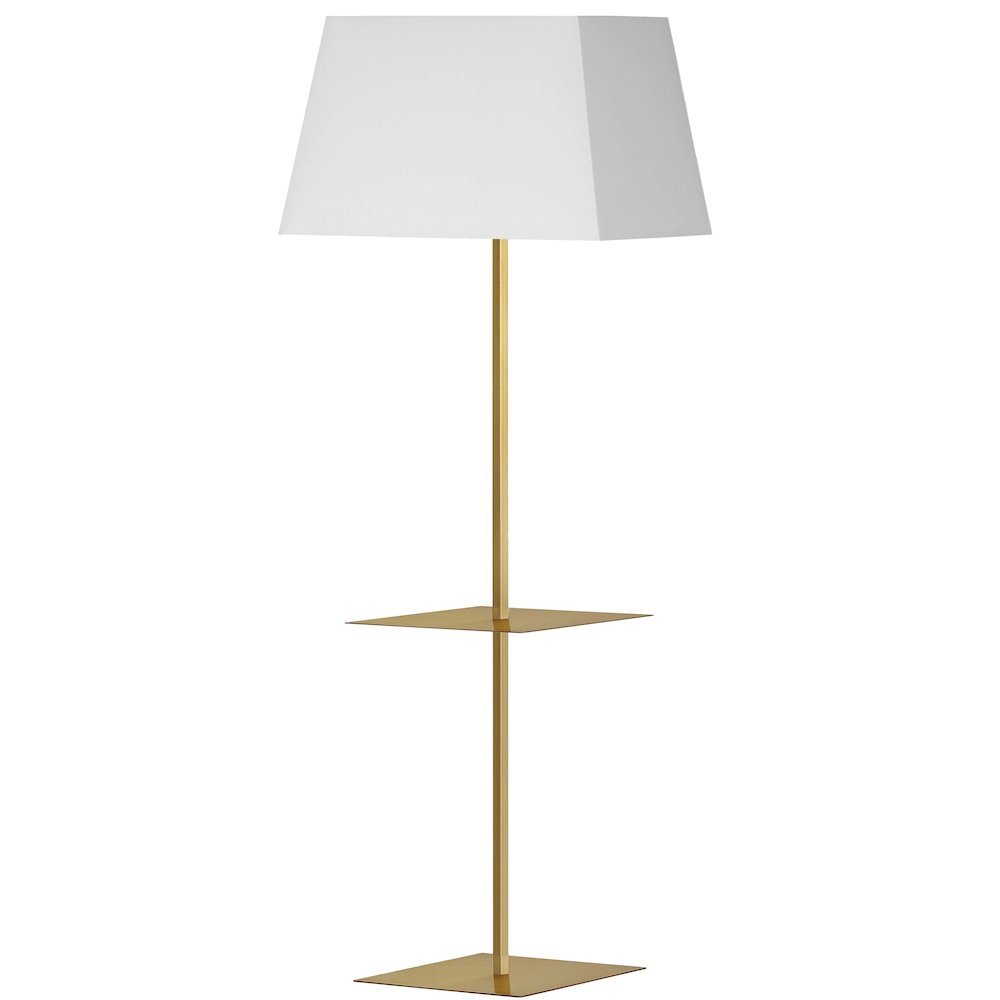 1 Light Incandescent Square Base Floor with Shelf Aged Brass with White Shade. Picture 1