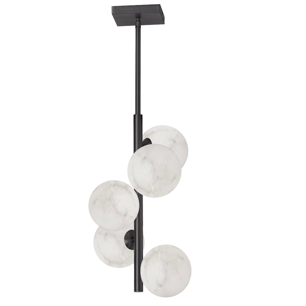 5 Light Matte Black Pendant w/ Alabaster Glass. Picture 1