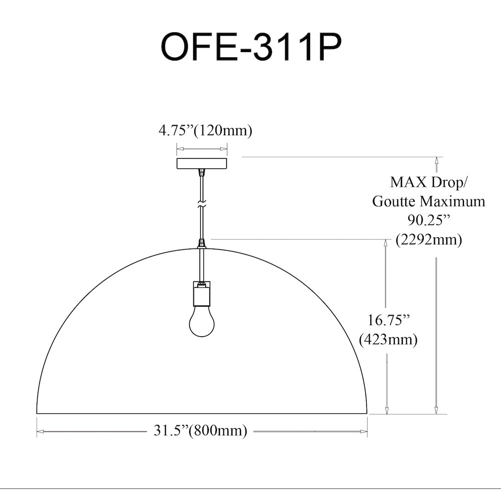 1 Light Incandescent Large Dome Pendant, Matte White. Picture 2