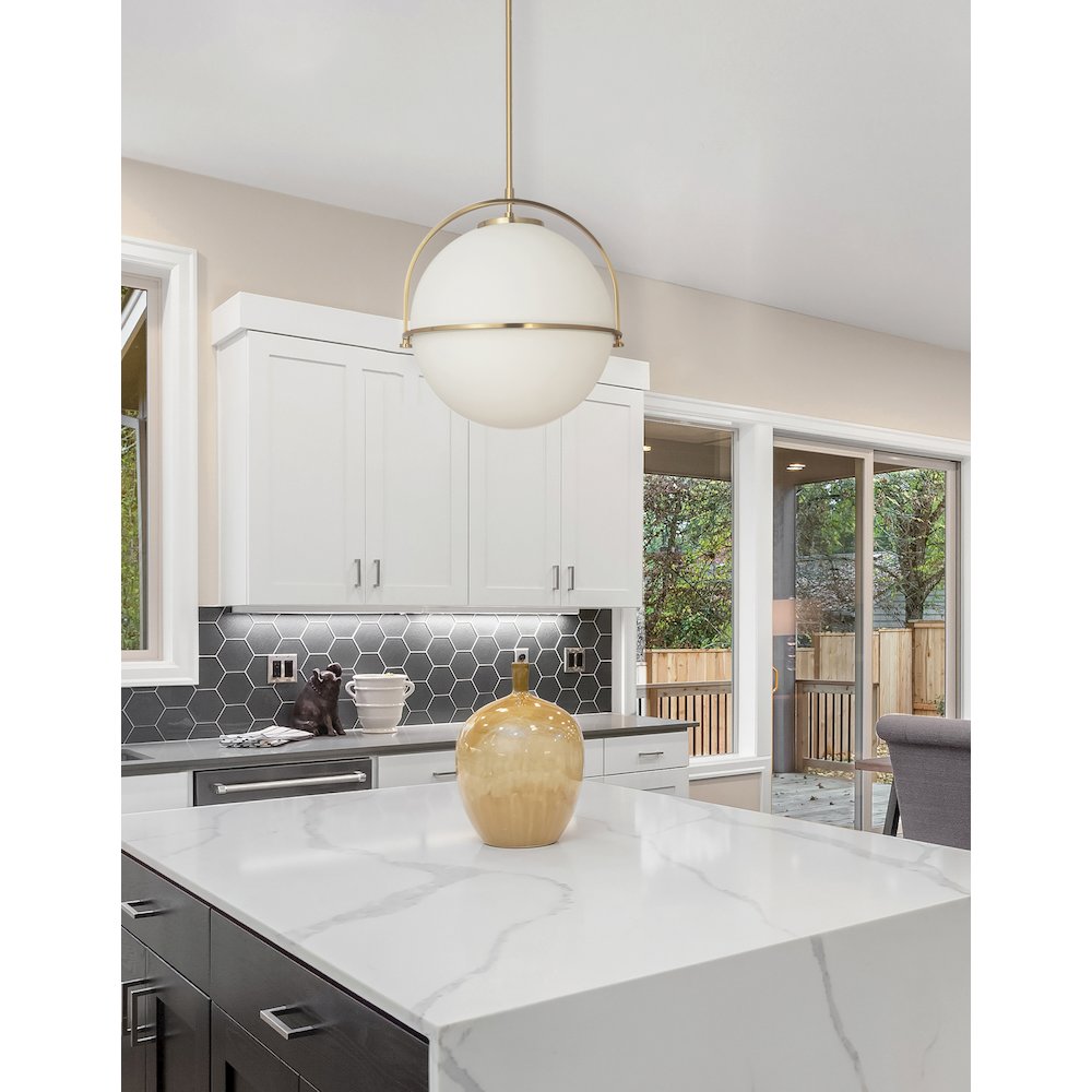 1 Light Incandescent Pendant Aged Brass with White Opal Glass. Picture 3