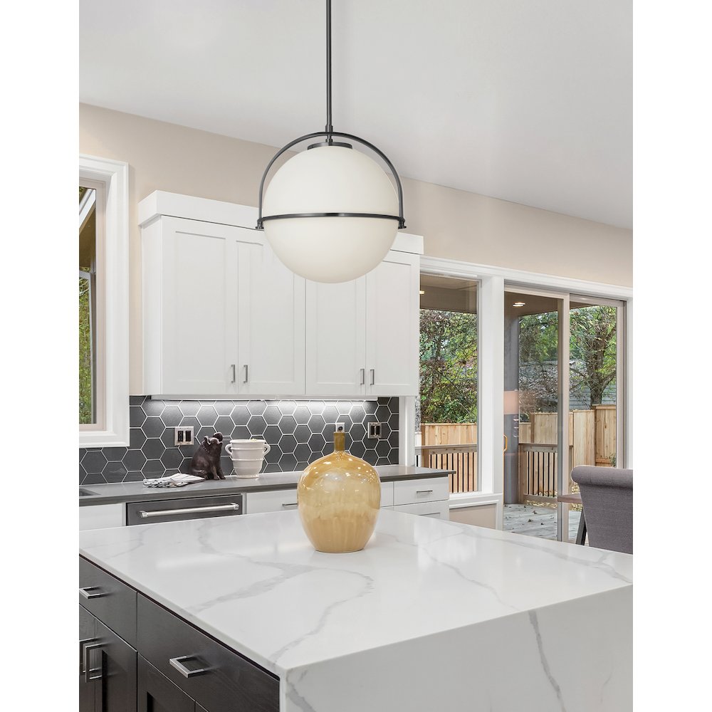 1 Light Incandescent Pendant Matte Black with White Opal Glass. Picture 3