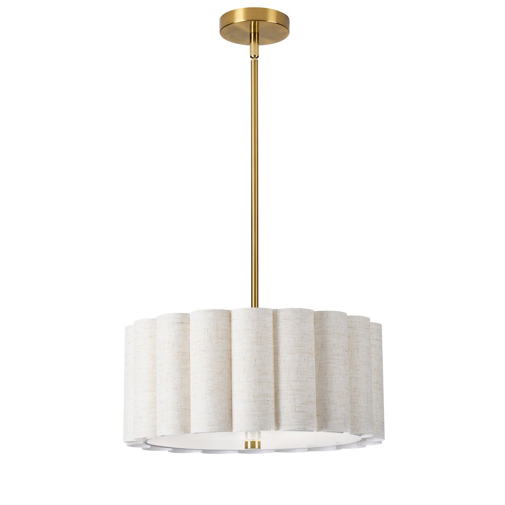 3 Light Aged Brass Pendant w/ Flax Shade. Picture 1