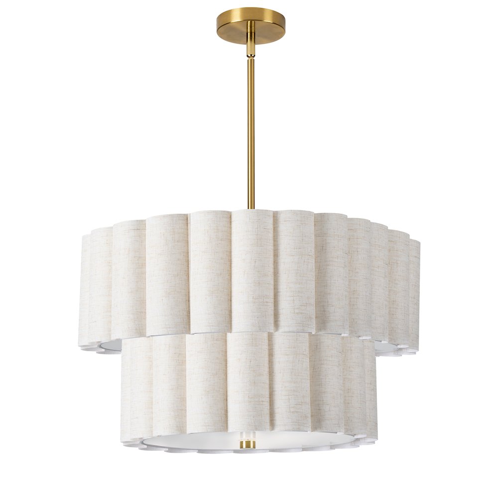 4 Light Aged Brass 2 Tier Pendant w/ Flax Scallop Shades. Picture 1