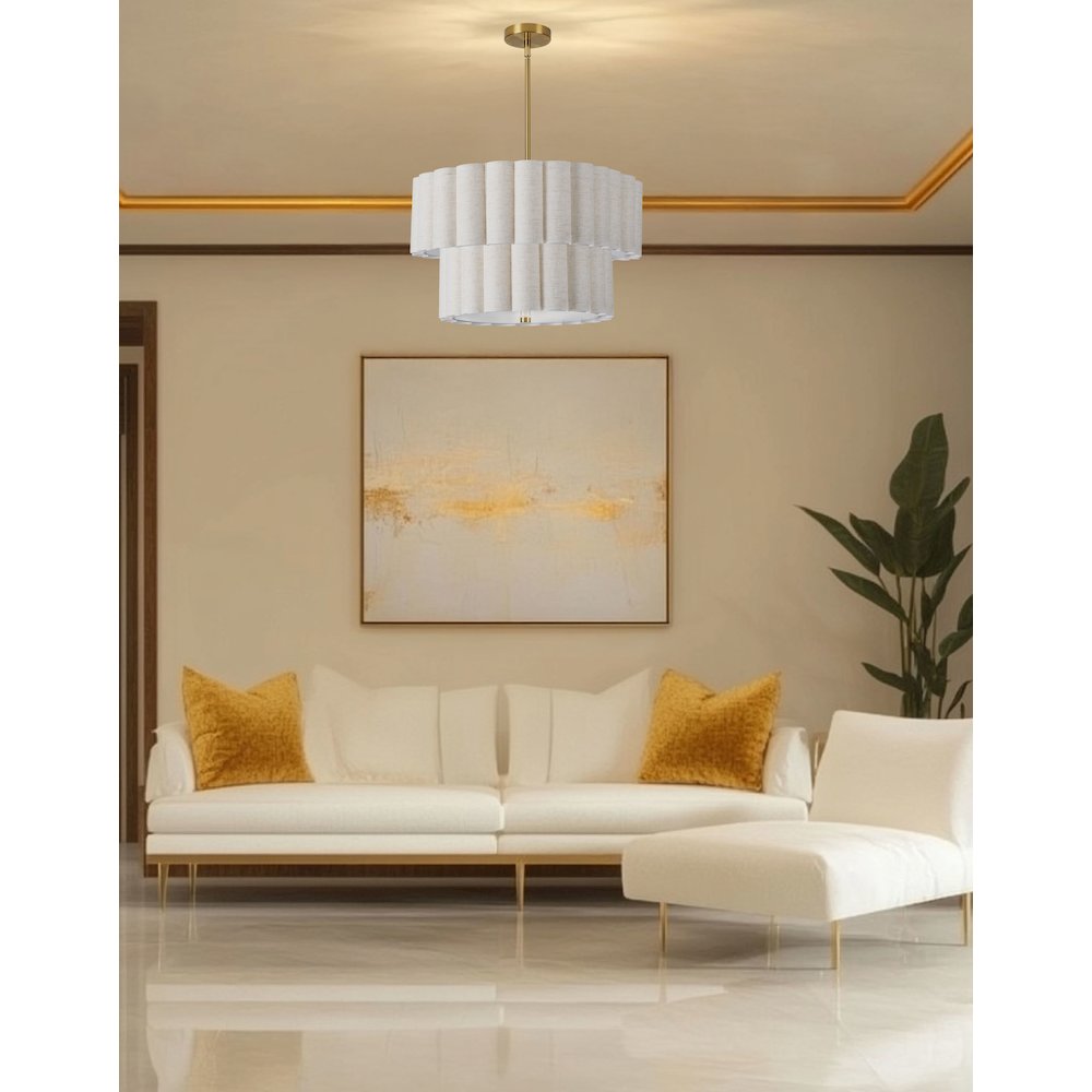 4 Light Aged Brass 2 Tier Pendant w/ Flax Scallop Shades. Picture 2