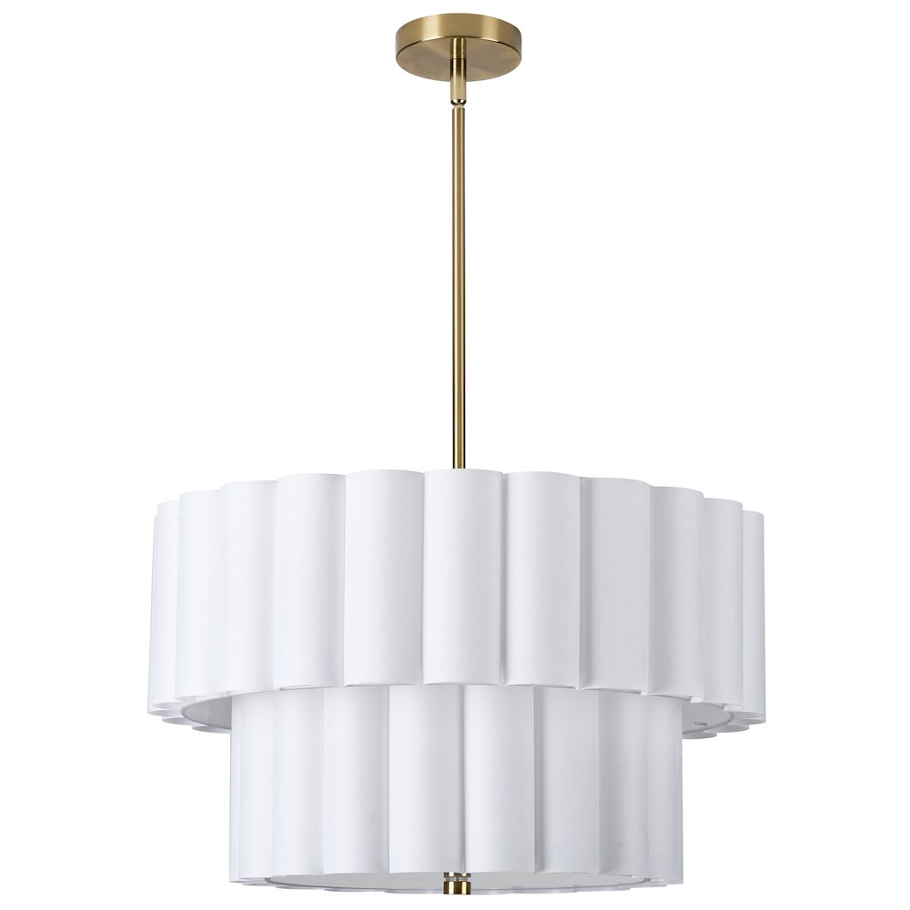 4 Light Aged Brass 2 Tier Pendant w/ White Scallop Shades. Picture 1