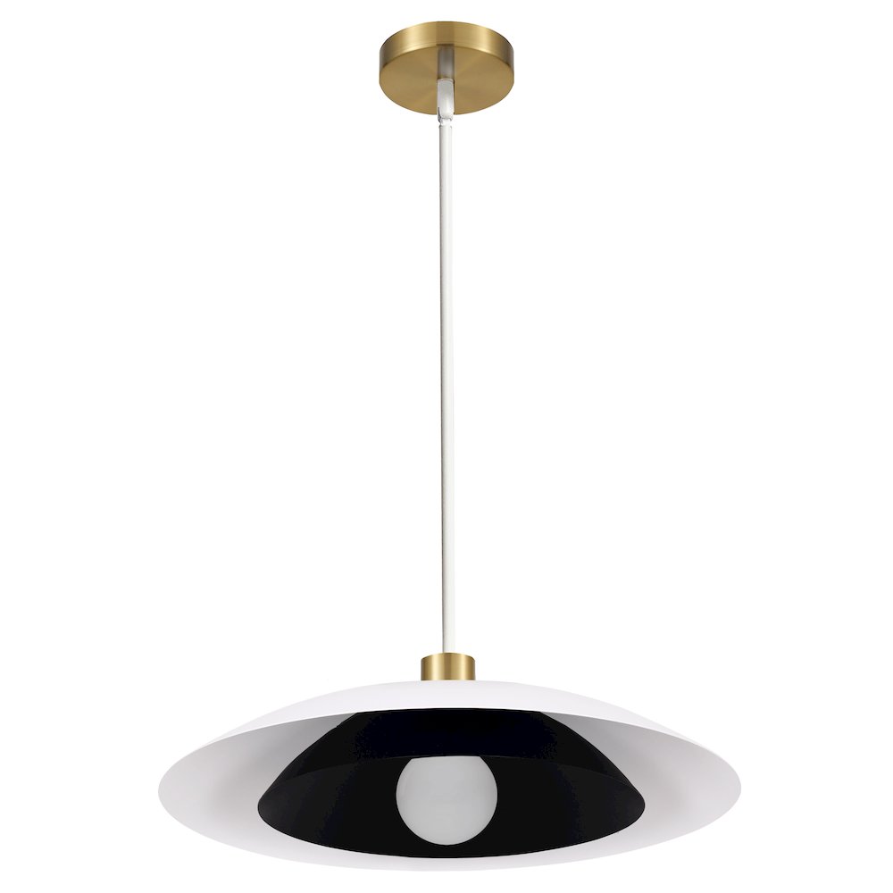 1 Light Pendant in Aged Brass w/ Matte White & Matte Black Metal Shade. Picture 1