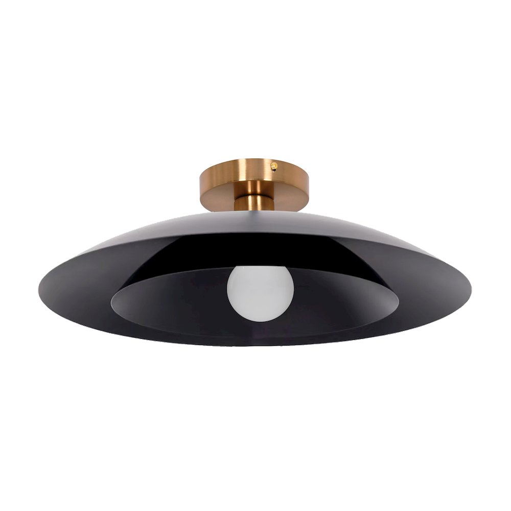1 Light Semi-Flush Mount in Aged Brass w/ Matte Black Metal Shade. Picture 1