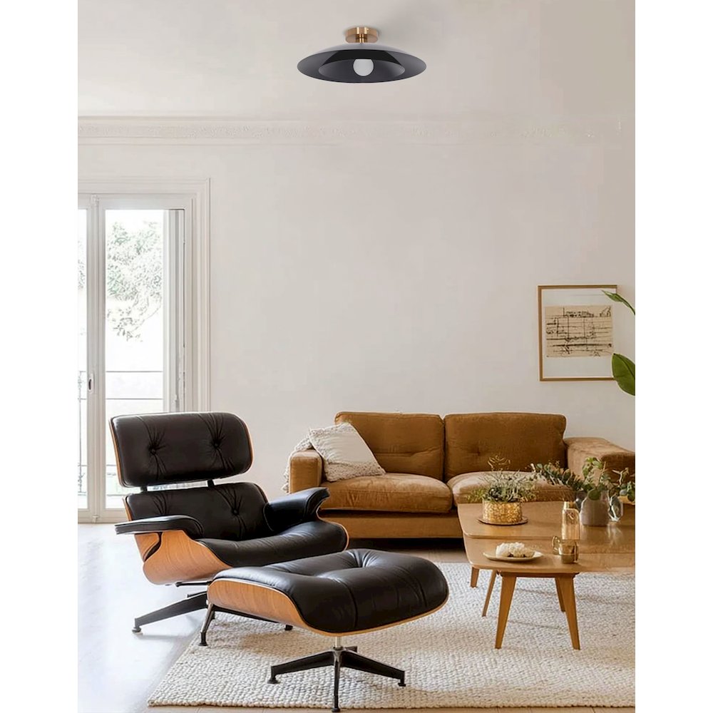 1 Light Semi-Flush Mount in Aged Brass w/ Matte Black Metal Shade. Picture 2