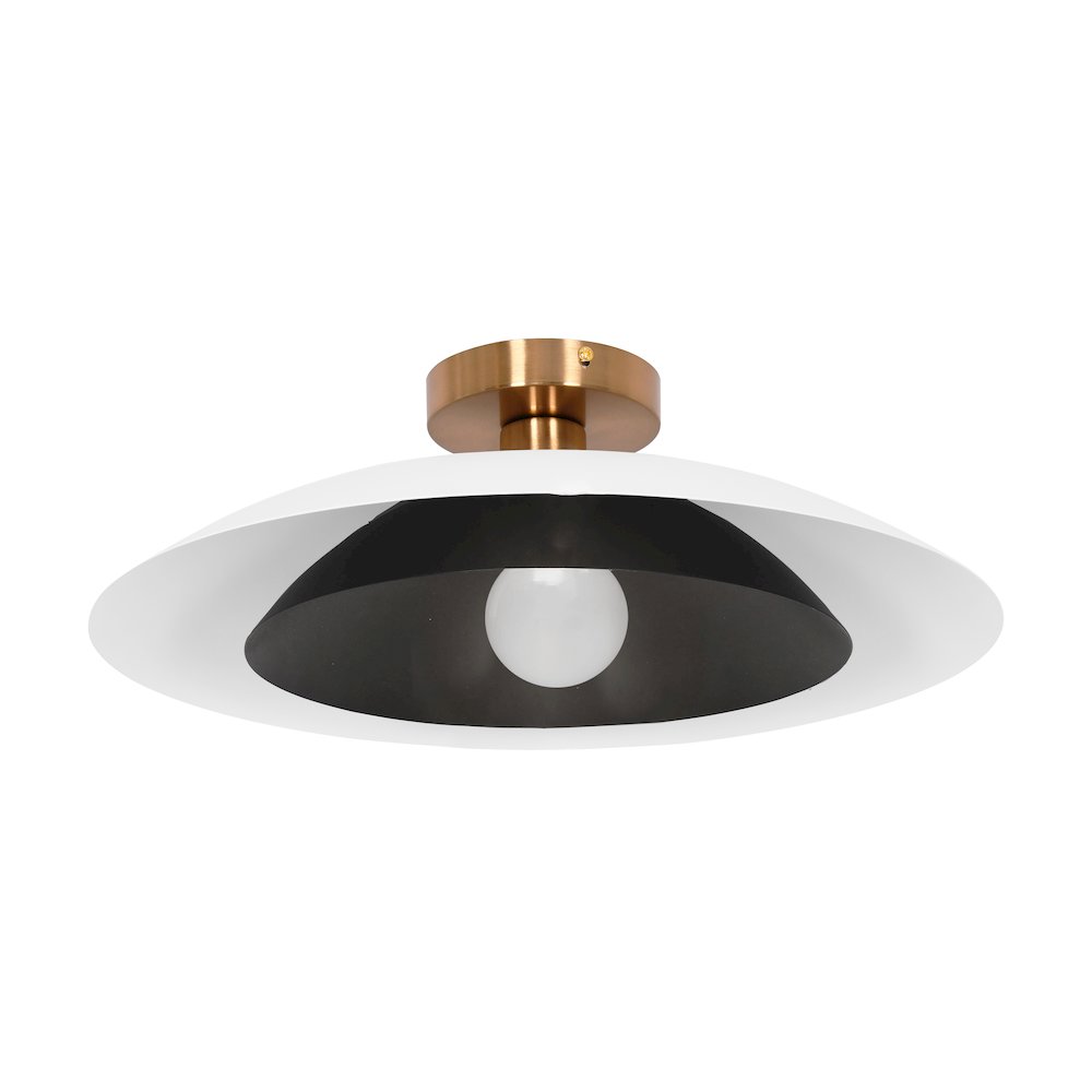 1 Light Semi-Flush Mount in Aged Brass w/ Matte White & Matte Black Metal Shade. Picture 1