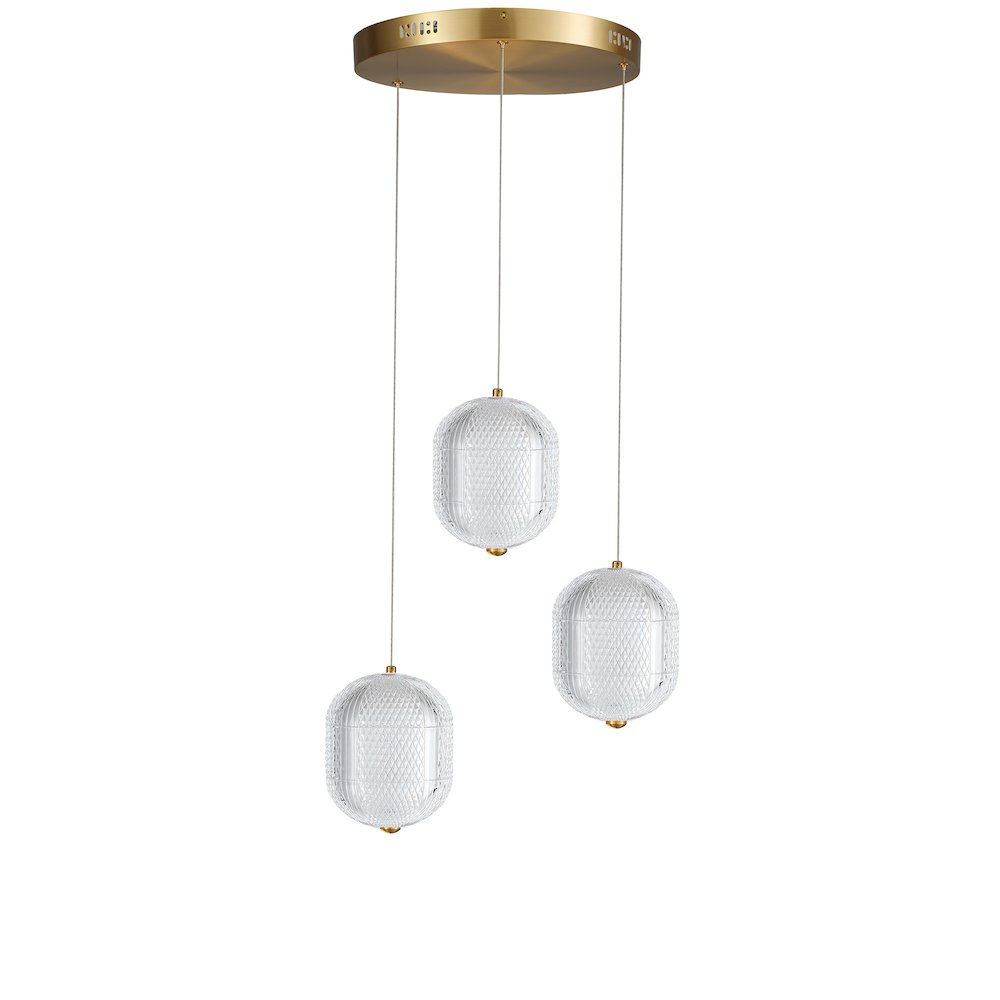 21W Multi Light Pendant in Aged Brass w/ Clear Pattern Acrylic. Picture 1