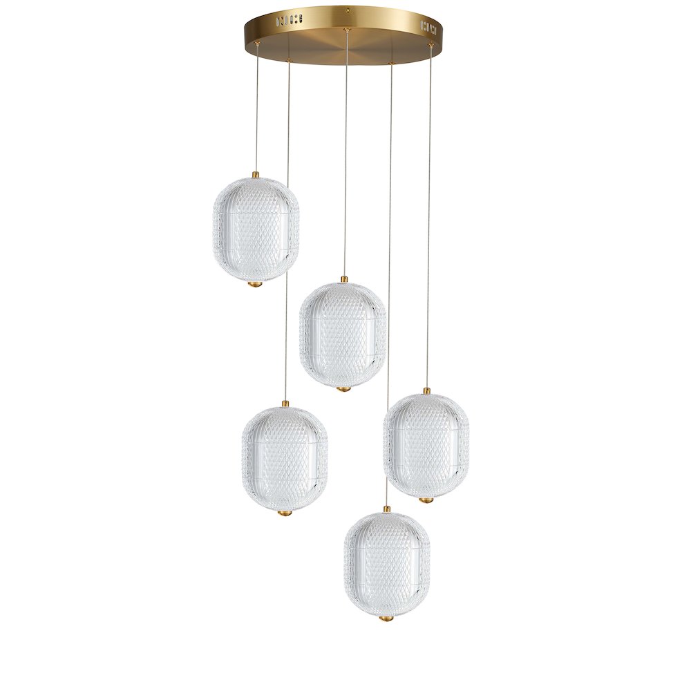 30W Multi Light Pendant in Aged Brass w/ Clear Pattern Acrylic. Picture 1
