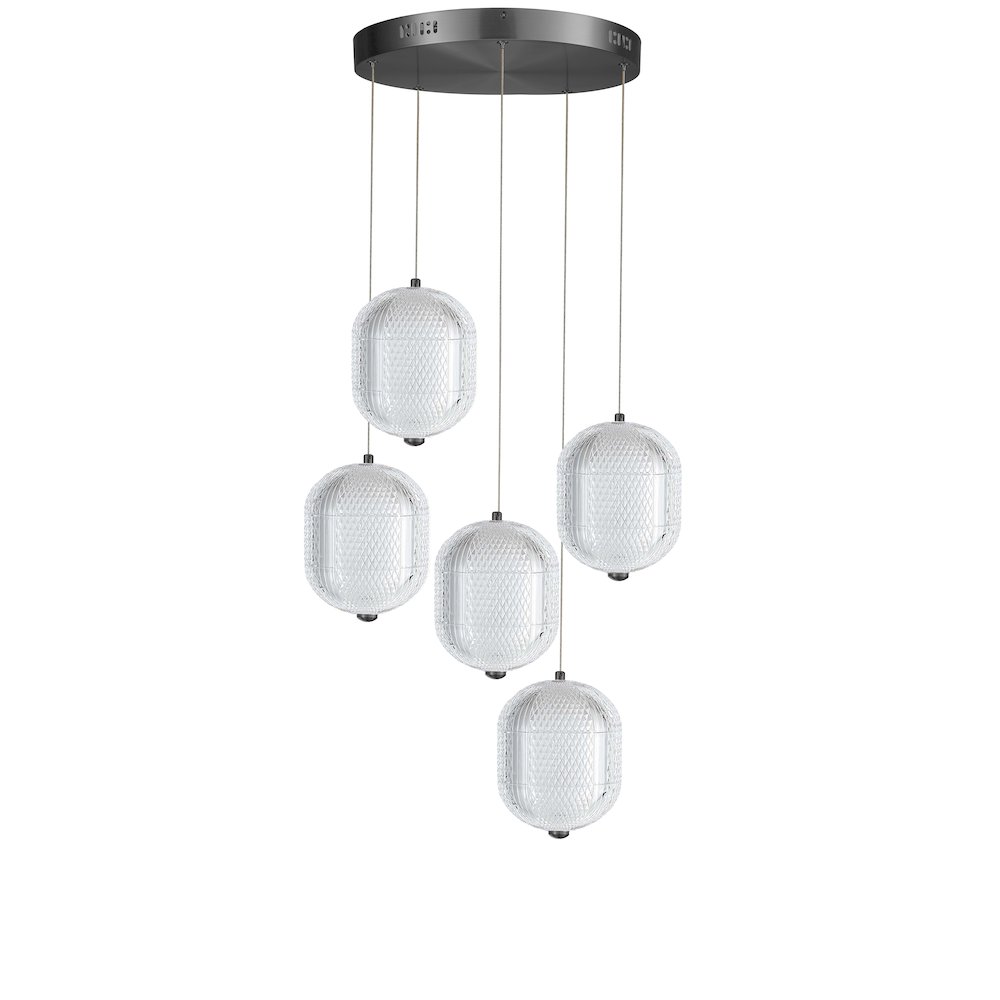 30W Multi Light Pendant in Matte Black w/ Clear Pattern Acrylic. Picture 1