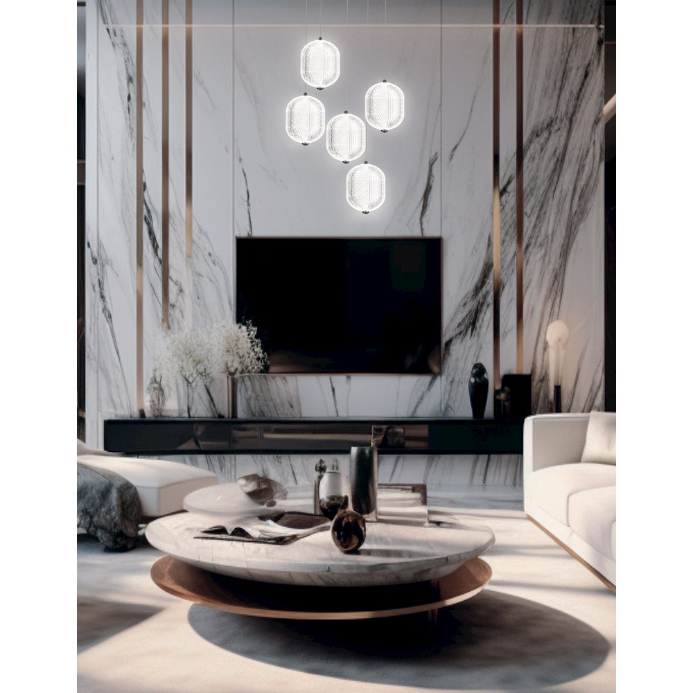 30W Multi Light Pendant in Matte Black w/ Clear Pattern Acrylic. Picture 3