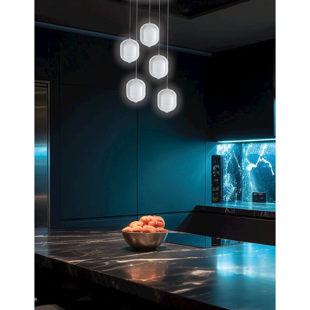 30W Multi Light Pendant in Polished Chrome w/ Clear Pattern Acrylic. Picture 3