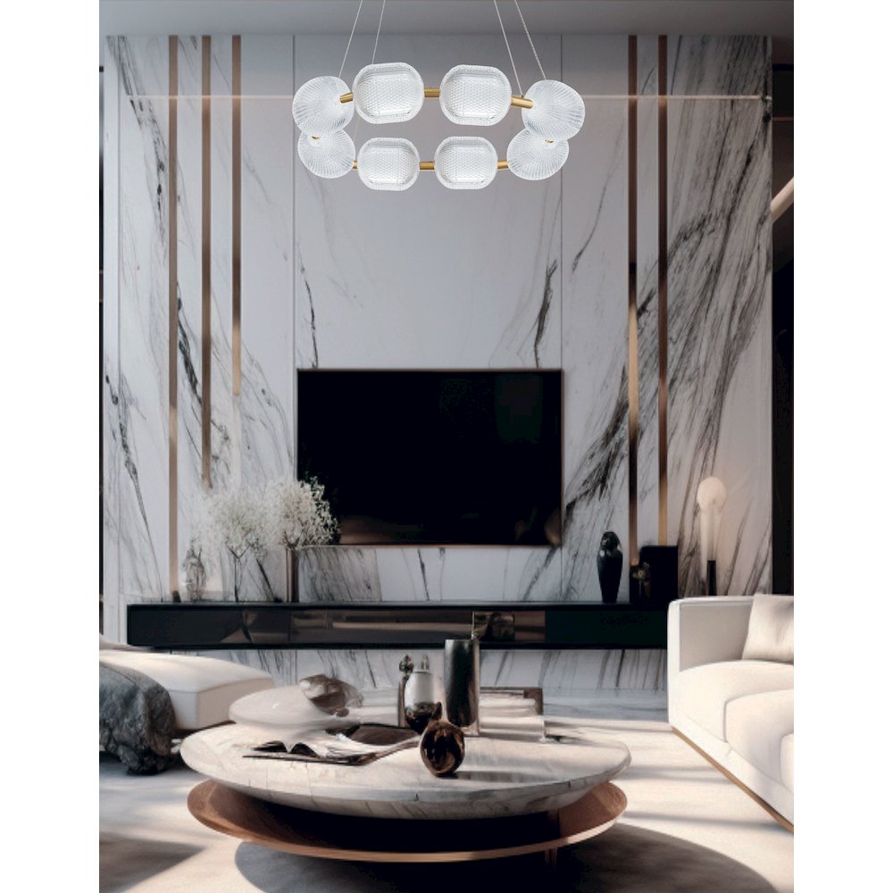 56W Chandelier in Aged Brass w/ Clear Pattern Acrylic. Picture 3