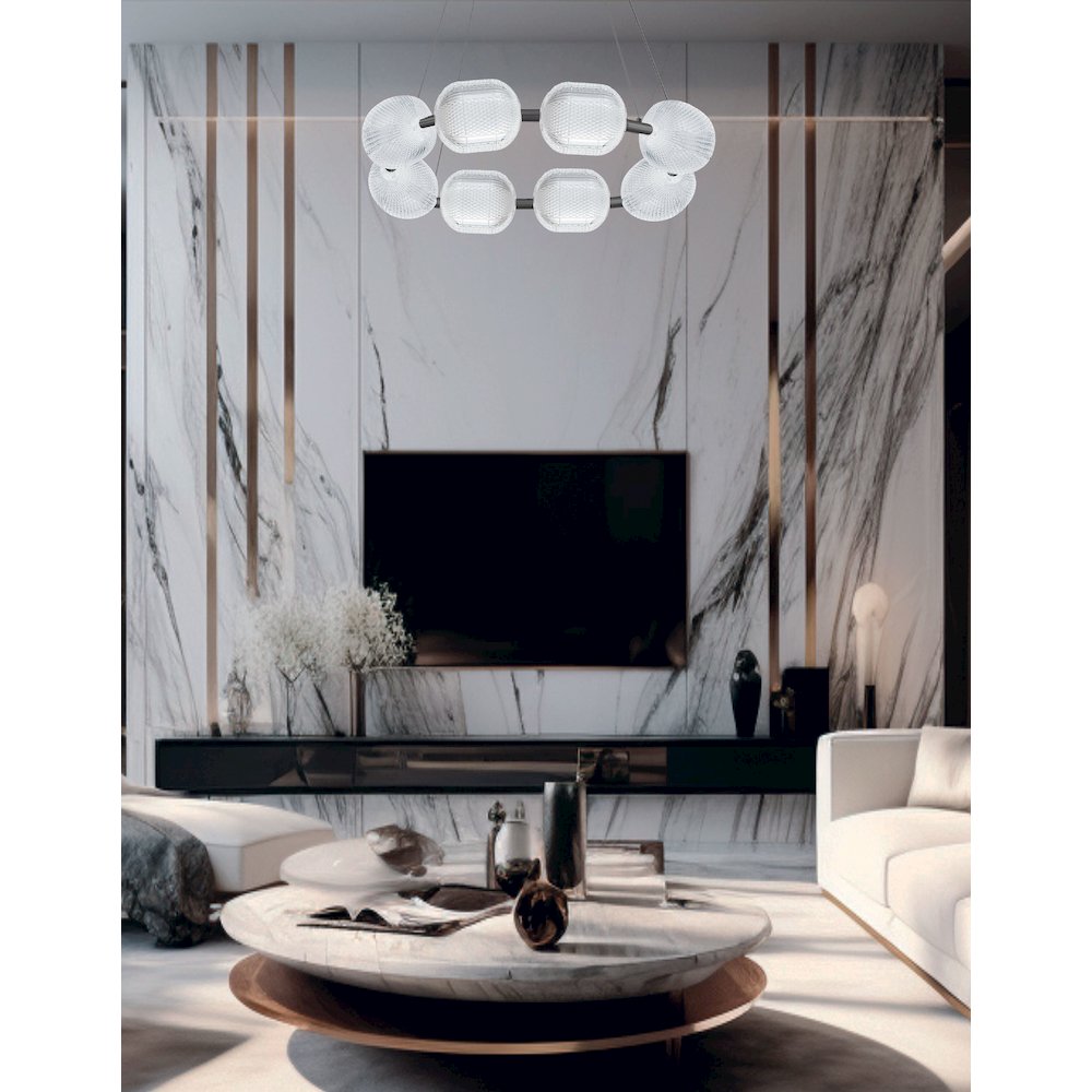 56W Chandelier in Matte Black w/ Clear Pattern Acrylic. Picture 3