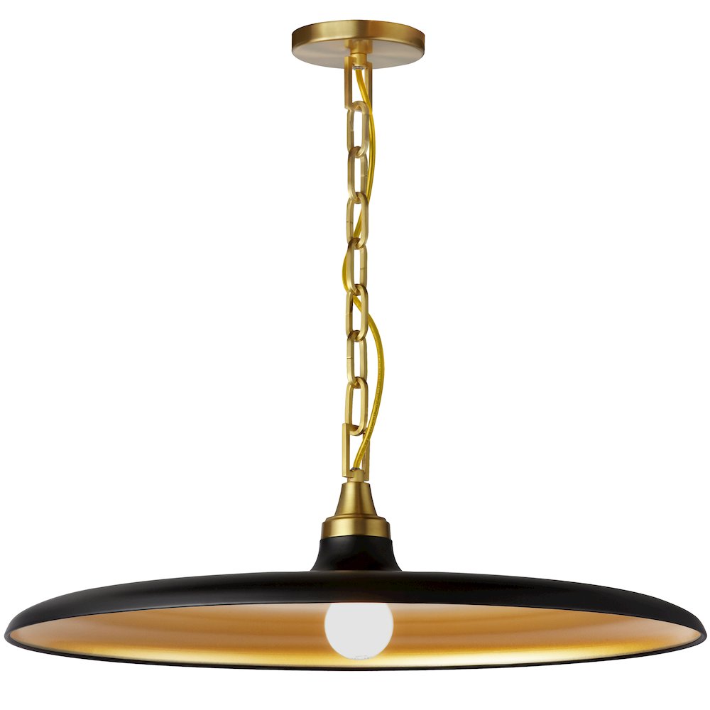 1 Light Pendant in Aged Brass w/ Matte Black & Gold Shade. Picture 1