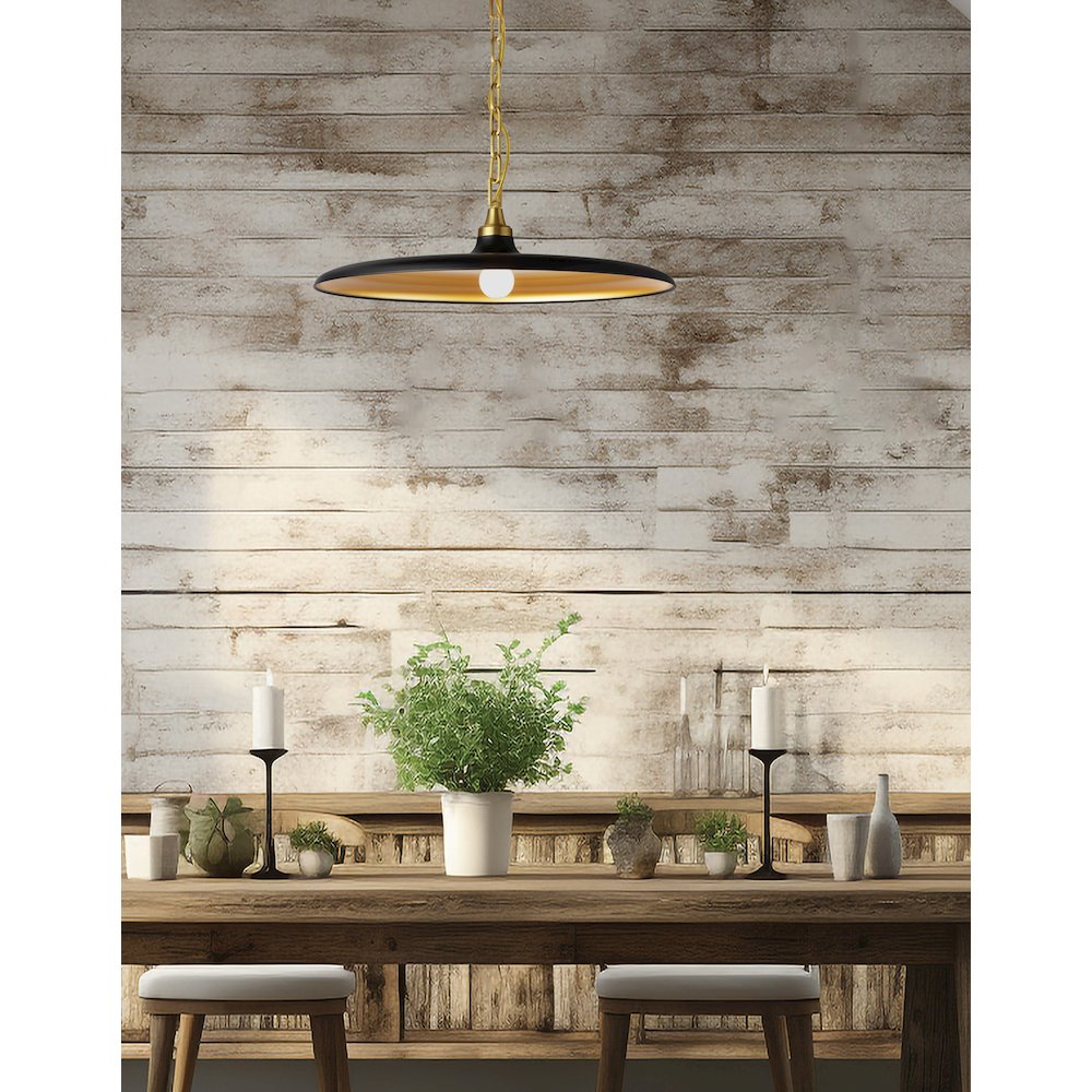 1 Light Pendant in Aged Brass w/ Matte Black & Gold Shade. Picture 3