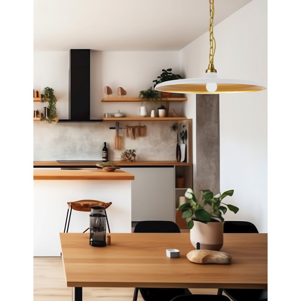 1 Light Pendant in Aged Brass w/ Matte White & Gold Shade. Picture 3