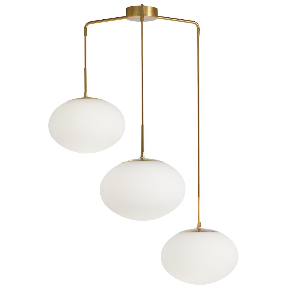 3 Light Pendant in Aged Brass w/ White Opal Glass. Picture 1