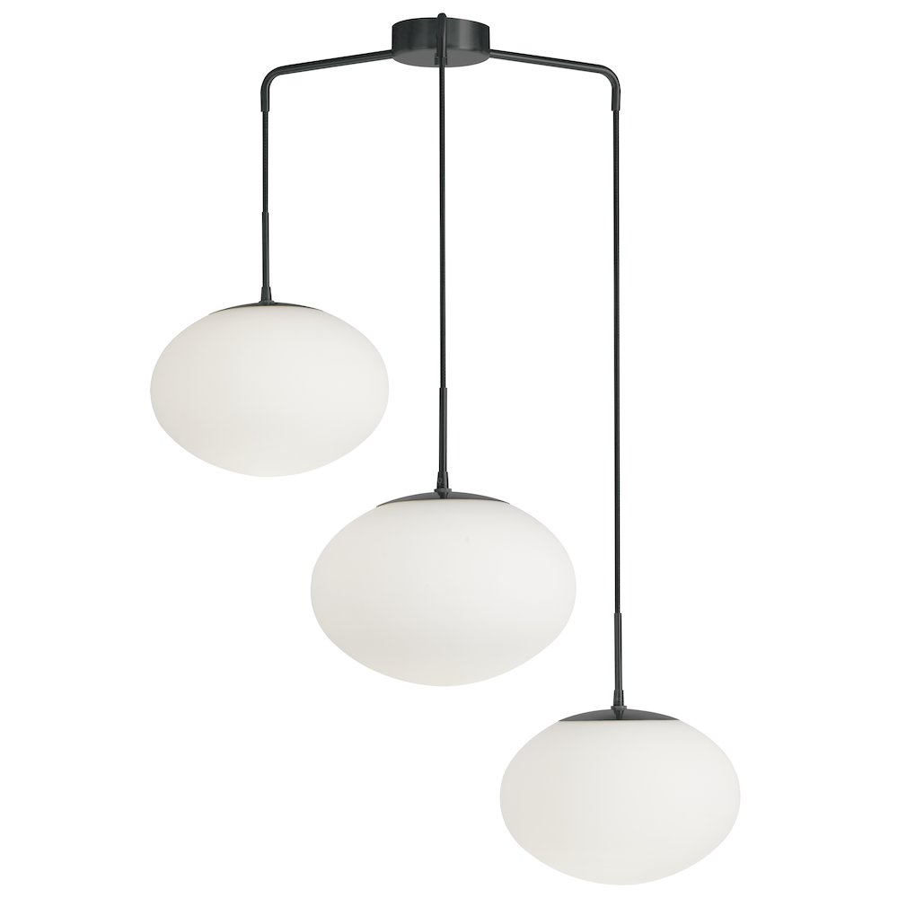 3 Light Pendant in Matte Black w/ White Opal Glass. Picture 1