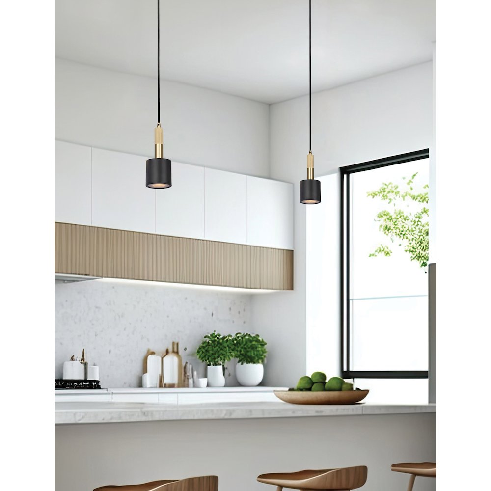 1 Light Pendant Matte Black & Aged Brass with Frosted Diffuser. Picture 3