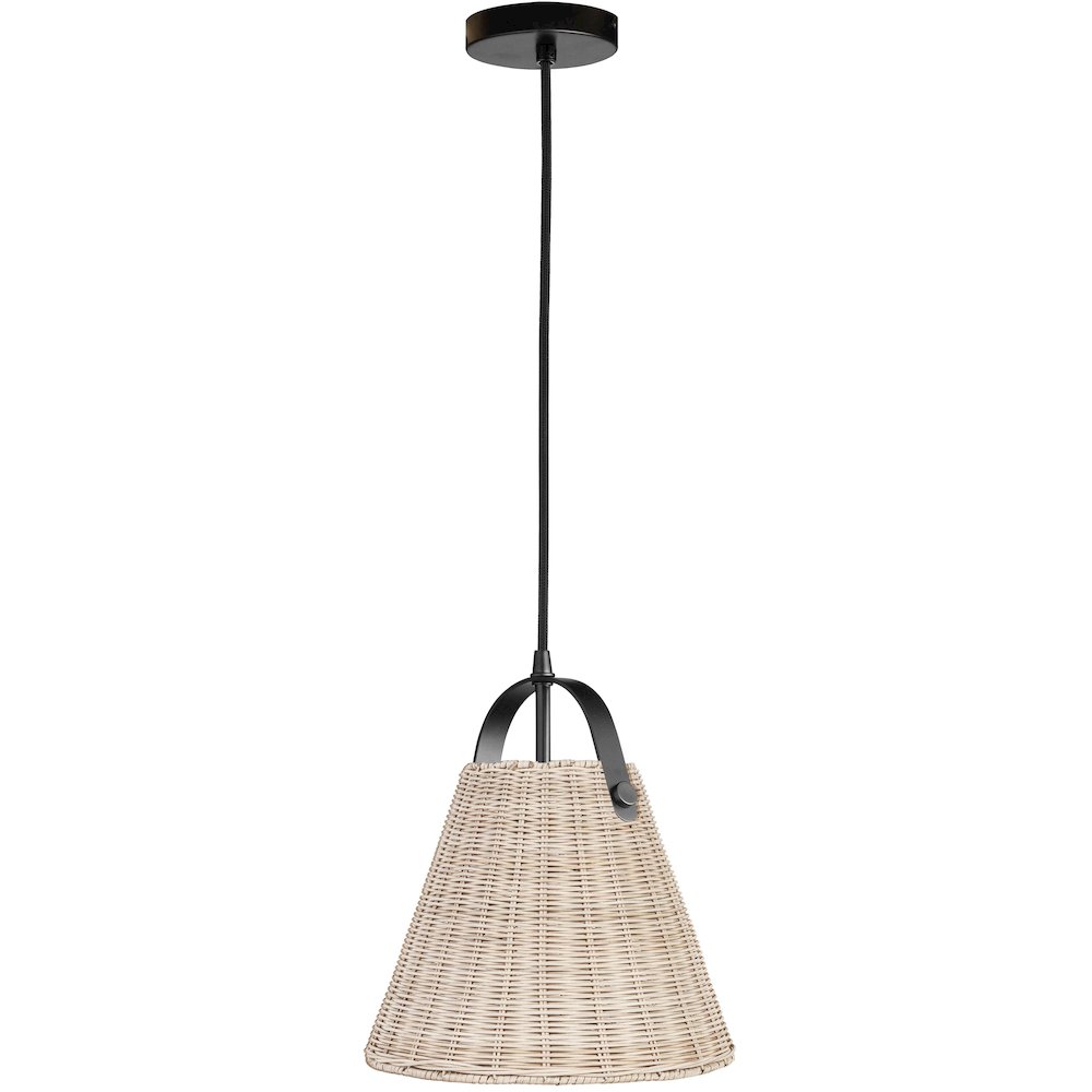 1 Light Incandescent Pendant Matte Black with Wicker Shade. Picture 1