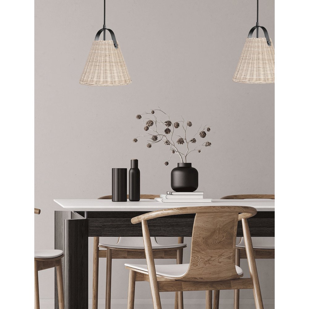 1 Light Incandescent Pendant Matte Black with Wicker Shade. Picture 3