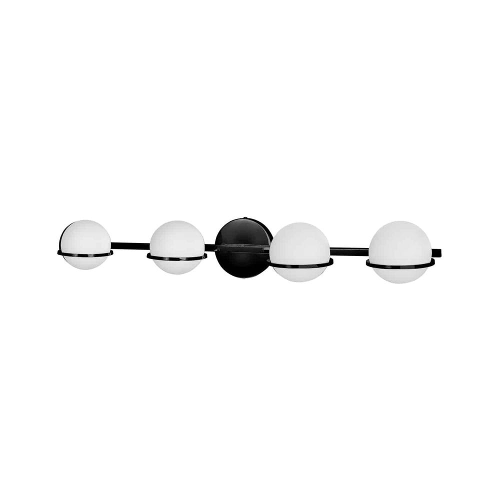4LT Halogen Vanity Matte Black, White Glass. Picture 1